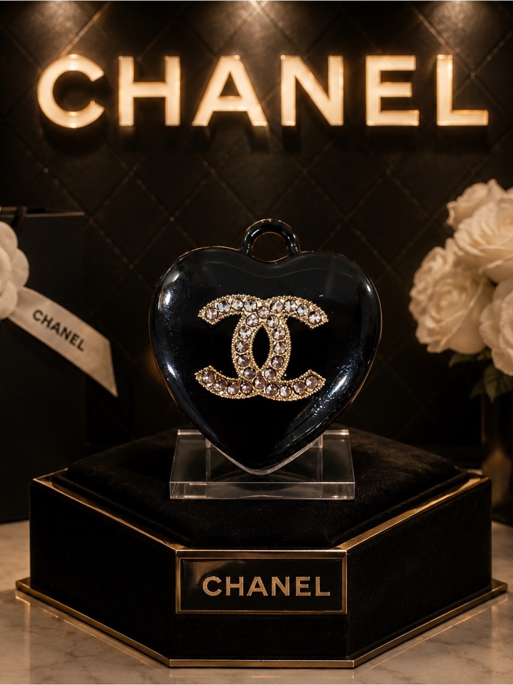 Chanel stamped Black Heart Pendant/ bag charm, zipper pull - Picture 2 of 5